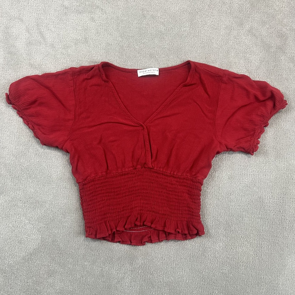 Paper Crane Medium Red Smocked Waist Crop Top Boho Puff Sleeve V-Neck Blouse